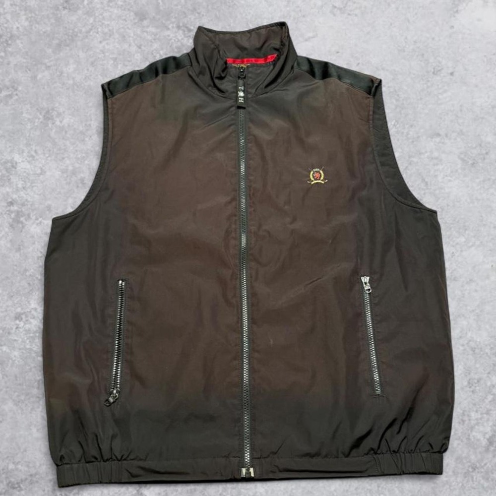 Vintage Tommy Hilfiger Golf Vest Black Brown Embroidered Crest Mens Large